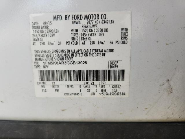 1FM5K8AR3GGB13028 - 2016 FORD EXPLORER POLICE INTERCEPTOR Biały zdjęcie 14