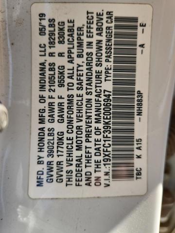 19XFC1F39KE006947 - 2019 HONDA CIVIC EX WHITE photo 13