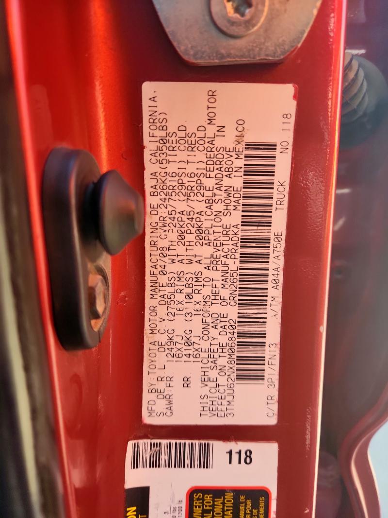 3TMJU62NX8M068402 - 2008 TOYOTA TACOMA DOUBLE CAB PRERUNNER RED photo 12