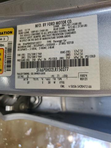 3FA6P0HD2LR150277 - 2020 FORD FUSION SE SILVER photo 12