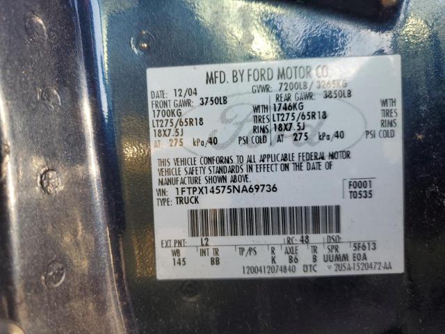 1FTPX14575NA69736 - 2005 FORD F150 BLUE photo 13