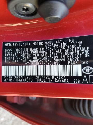 2T1BURHE3HC805025 - 2017 TOYOTA COROLLA L RED photo 12