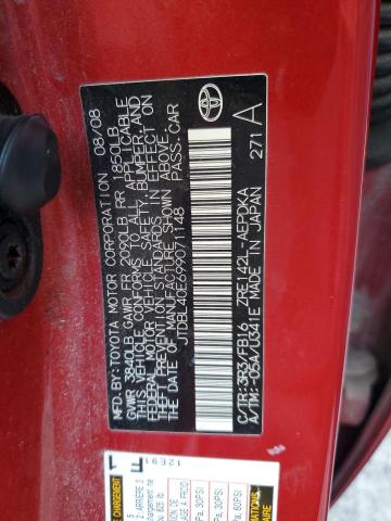 JTDBL40E699071148 - 2009 TOYOTA COROLLA BASE RED photo 12