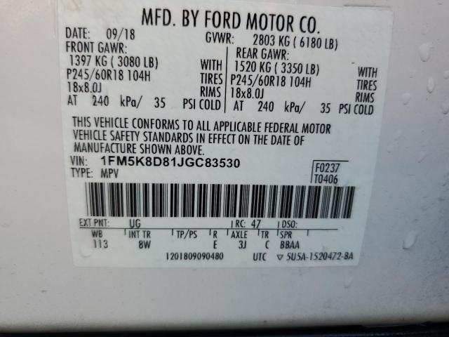 1FM5K8D81JGC83530 - 2018 FORD EXPLORER XLT Blanc photo 14