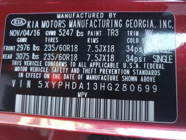 5XYPHDA13HG280699 - 2017 KIA SORENTO EX RED photo 13