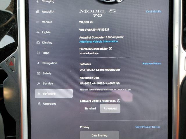 5YJSA1E11FF113821 - 2015 TESLA MODEL S Մոխրագույն լուսանկար 9