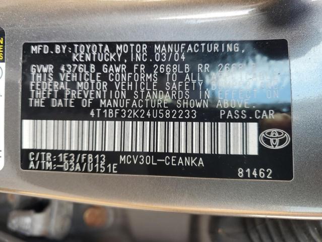 4T1BF32K24U582233 - 2004 TOYOTA CAMRY LE GRAY photo 12