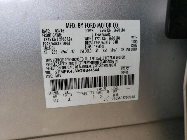 2FMPK4J80GBB44544 - 2016 FORD EDGE SEL SILVER photo 12