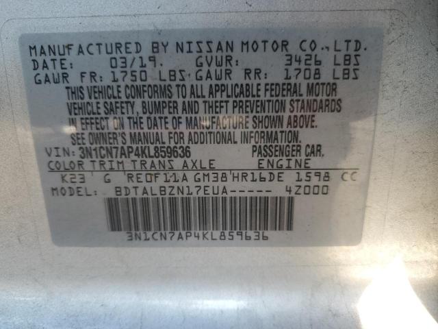 3N1CN7AP4KL859636 - 2019 NISSAN VERSA S Серебристый фото 12