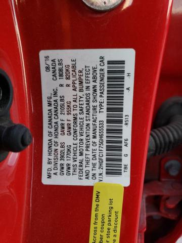 2HGFC1F75GH655533 - 2016 HONDA CIVIC EXL წითელი ფოტო 12