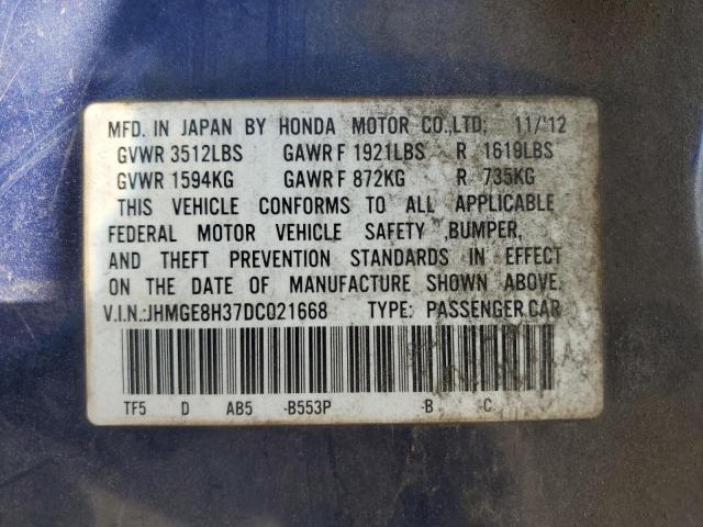 JHMGE8H37DC021668 - 2013 HONDA FIT BLUE photo 12
