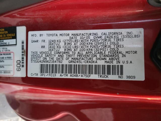 5TEUU42N96Z164782 - 2006 TOYOTA TACOMA ACCESS CAB წითელი ფოტო 12