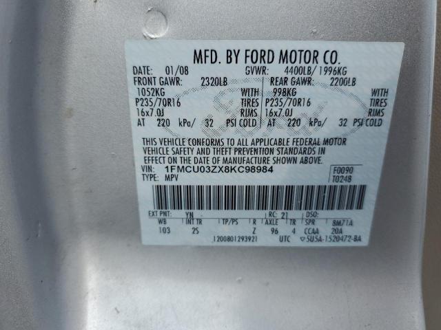 1FMCU03ZX8KC98984 - 2008 FORD ESCAPE XLT SILVER photo 12