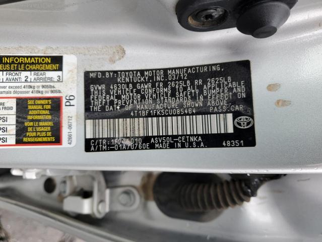 4T1BF1FK5CU085464 - 2012 TOYOTA CAMRY BASE SILVER photo 12