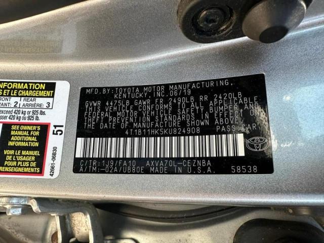 4T1B11HK5KU824908 - 2019 TOYOTA CAMRY L ვერცხლისფერი ფოტო 10
