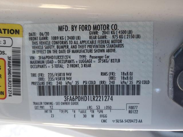 3FA6P0HD1LR221274 - 2020 FORD FUSION SE WHITE photo 13