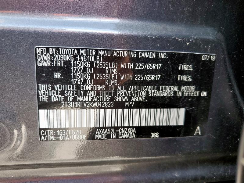 2T3H1RFV2KW042823 - 2019 TOYOTA RAV4 LE Gri fotoğraf 12