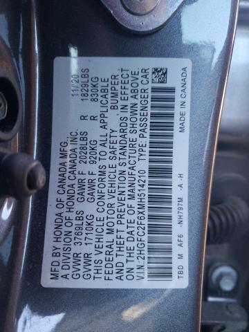 2HGFC2F6XMH514210 - 2021 HONDA CIVIC LX GRAY photo 12