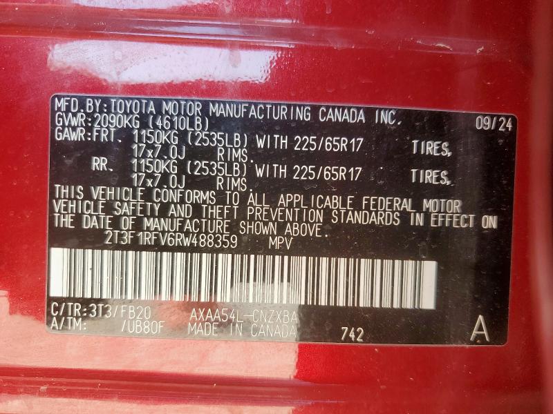 2T3F1RFV6RW488359 - 2024 TOYOTA RAV4 LE ბურგუნდია ფოტო 12