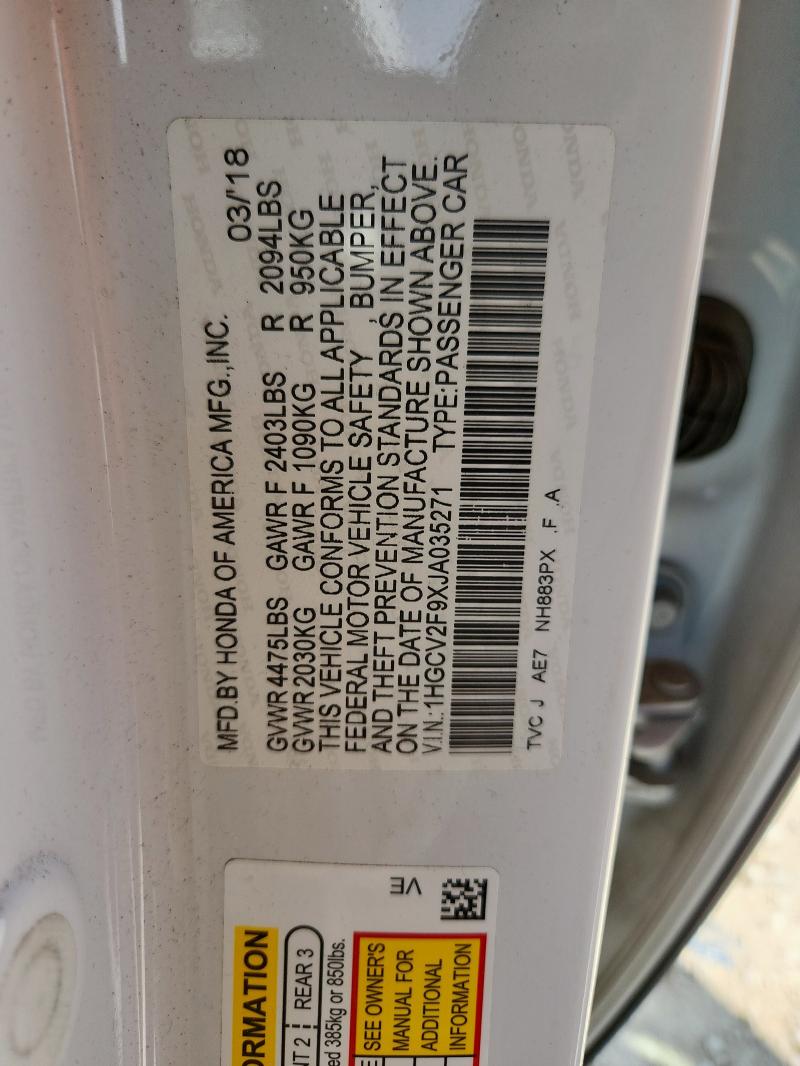 1HGCV2F9XJA035271 - 2018 HONDA ACCORD TOURING Ақ фото 12