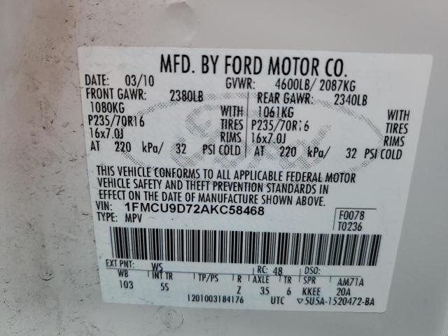 1FMCU9D72AKC58468 - 2010 FORD ESCAPE XLT WHITE photo 12