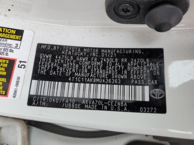 4T1C11AK8MU436363 - 2021 TOYOTA CAMRY LE WHITE photo 12