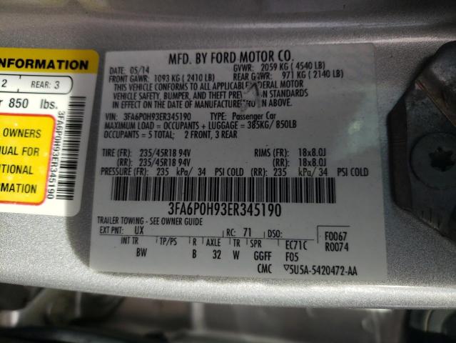 3FA6P0H93ER345190 - 2014 FORD FUSION SE SILVER photo 12