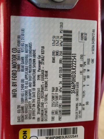 3FA6P0HD3LR222541 - 2020 FORD FUSION SE 红色 照片 12