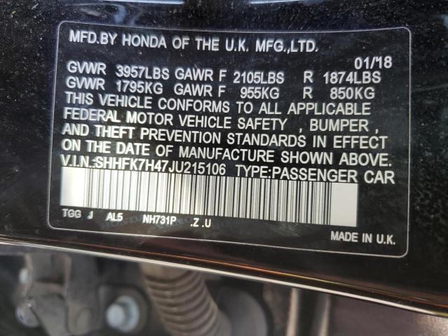 SHHFK7H47JU215106 - 2018 HONDA CIVIC SPORT შავი ფოტო 12