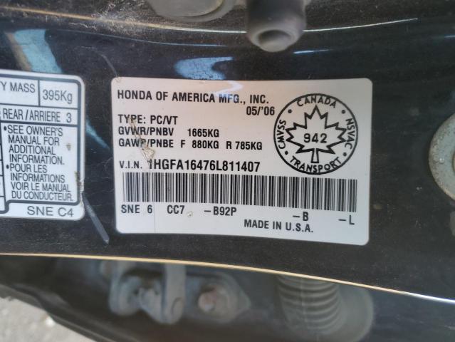 1HGFA16476L811407 - 2006 HONDA CIVIC LX BLACK photo 12