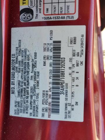 3FAHP07108R120203 - 2008 FORD FUSION SE RED photo 12