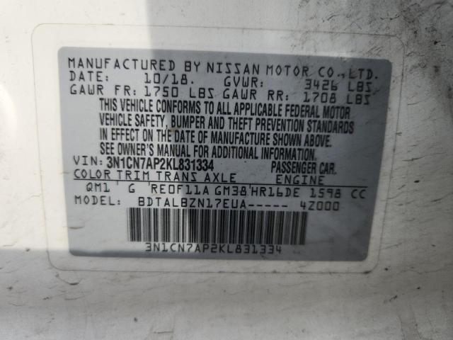 3N1CN7AP2KL831334 - 2019 NISSAN VERSA S თეთრი ფოტო 12