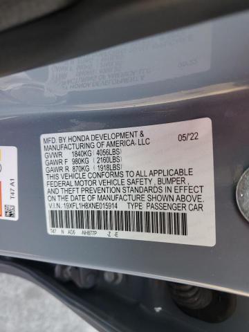 19XFL1H8XNE015914 - 2022 HONDA CIVIC SPORT TOURING GRAY photo 12