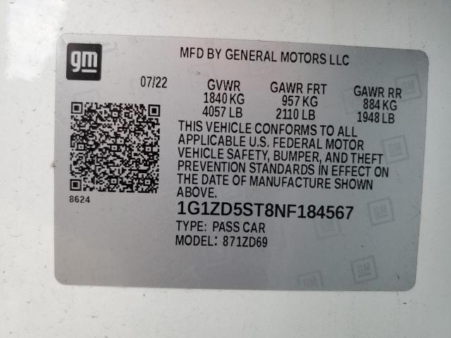 1G1ZD5ST8NF184567 - 2022 CHEVROLET MALIBU LT WHITE photo 12