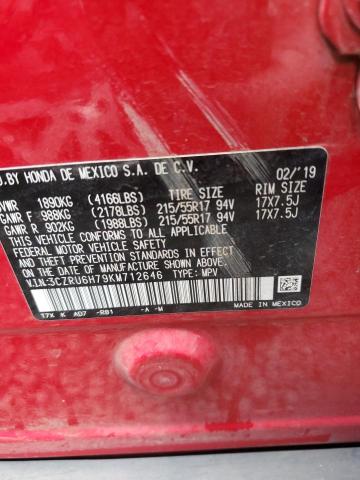 3CZRU6H79KM712646 - 2019 HONDA HR-V EXL RED photo 12