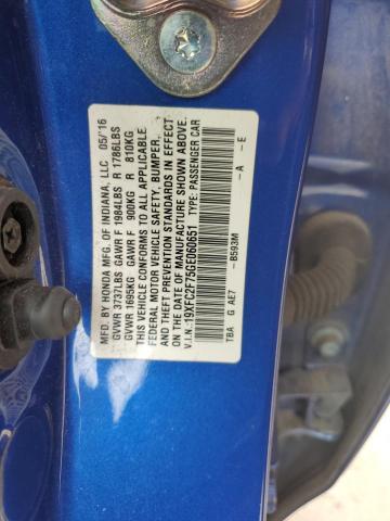 19XFC2F75GE060651 - 2016 HONDA CIVIC EX BLUE photo 12
