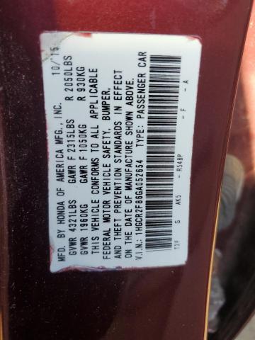 1HGCR2F86GA052654 - 2016 HONDA ACCORD EXL BURGUNDY photo 12