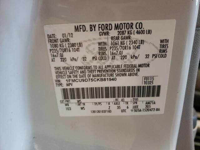 1FMCU9D75CKB81940 - 2012 FORD ESCAPE XLT WHITE photo 13