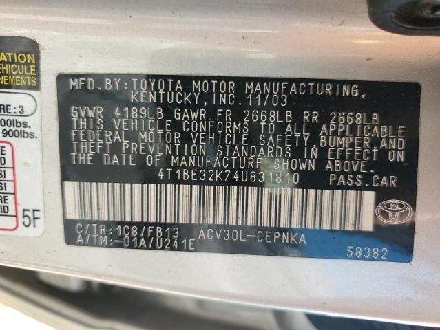 4T1BE32K74U831810 - 2004 TOYOTA CAMRY LE SILVER photo 12