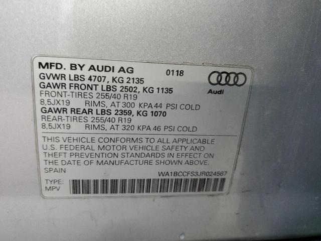 WA1BCCFS3JR024567 - 2018 AUDI Q3 PREMIUM SILVER photo 13