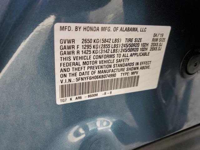 5FNYF6H06KB074990 - 2019 HONDA PILOT ELITE BLUE photo 13