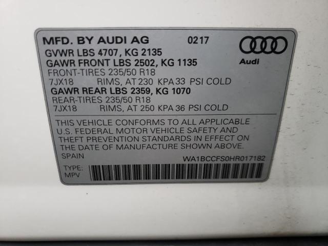 WA1BCCFS0HR017182 - 2017 AUDI Q3 PREMIUM WHITE photo 12