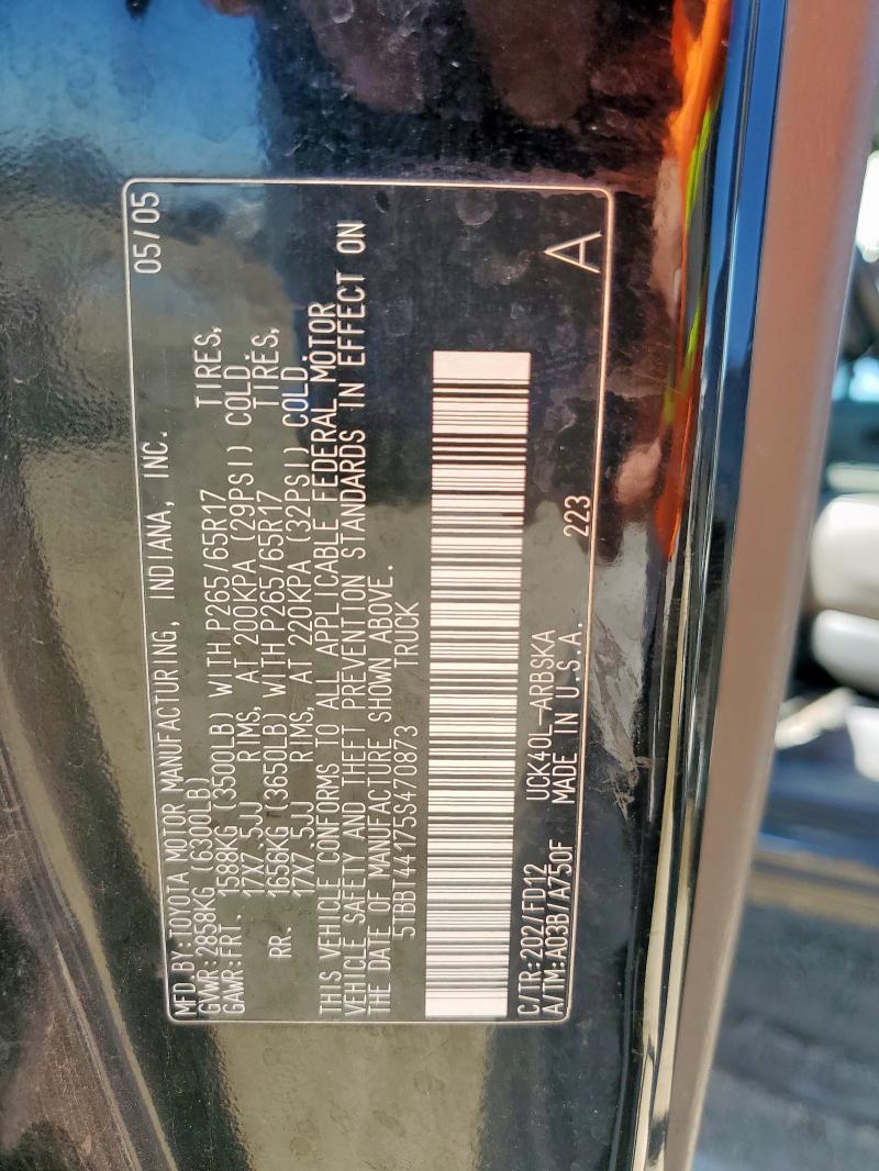 5TBBT44175S470873 - 2005 TOYOTA TUNDRA ACCESS CAB SR5 BLACK photo 12