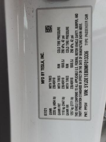 5YJ3E1EB0MF013336 - 2021 TESLA MODEL 3 Weiß Foto 12