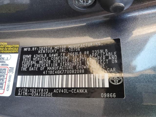 4T1BE46K77U082088 - 2007 TOYOTA CAMRY CE GRAY photo 12