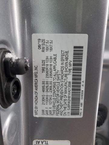 5J6RW2H81KA013598 - 2019 HONDA CR-V EXL SILVER photo 12