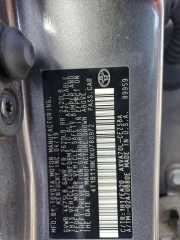 4T1B11HK1KU780972 - 2019 TOYOTA CAMRY L GRAY photo 12