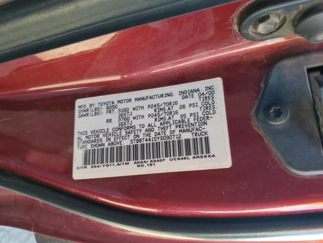 5TBBT4415YS090712 - 2000 TOYOTA TUNDRA ACCESS CAB RED photo 13