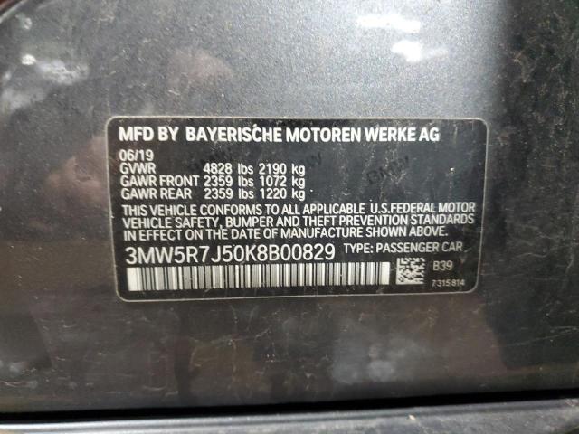 3MW5R7J50K8B00829 - 2019 BMW 330XI GRAY photo 12