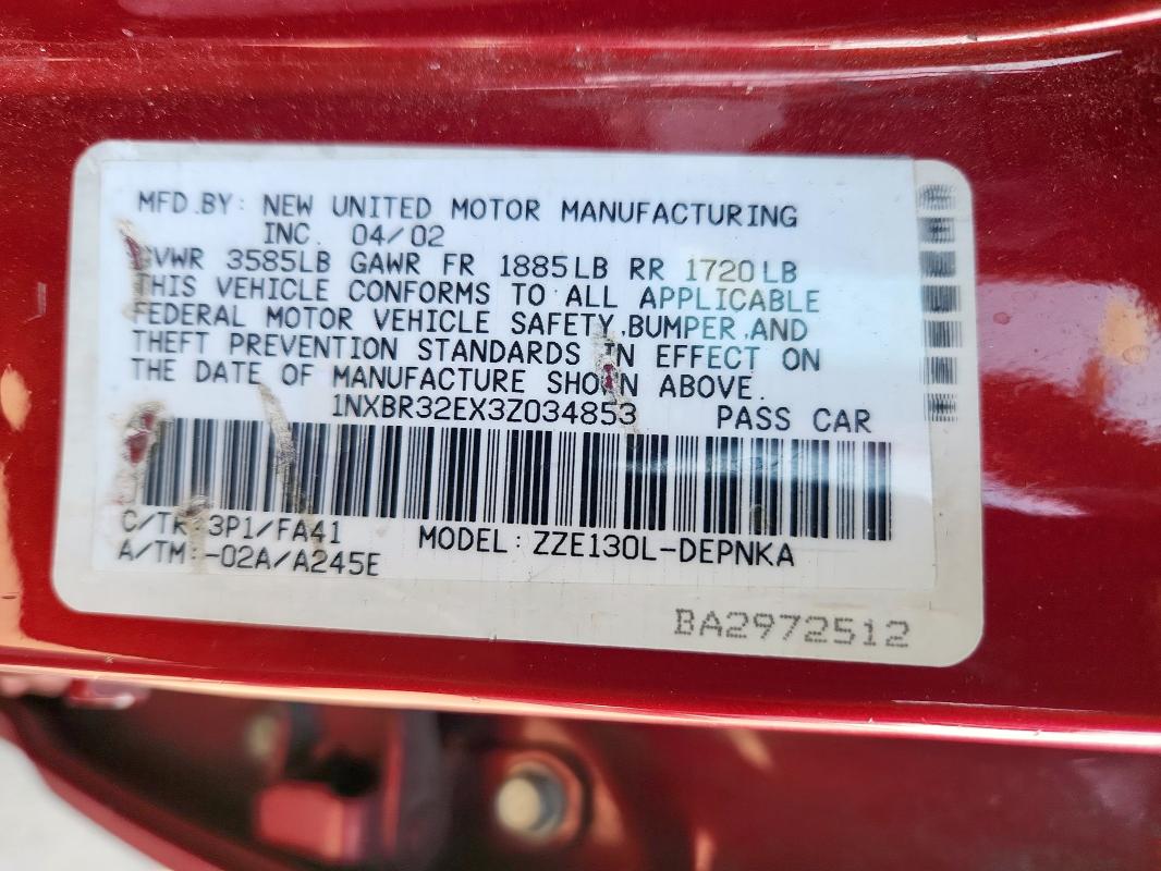 1NXBR32EX3Z034853 - 2003 TOYOTA COROLLA CE Qırmızı foto 12